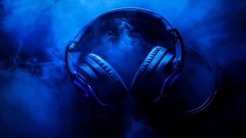 Over-ear gaming headphones in blue illuminated studio scene.