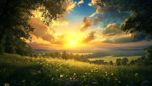 High dynamic range meadow sunset with volumetric cloud lighting