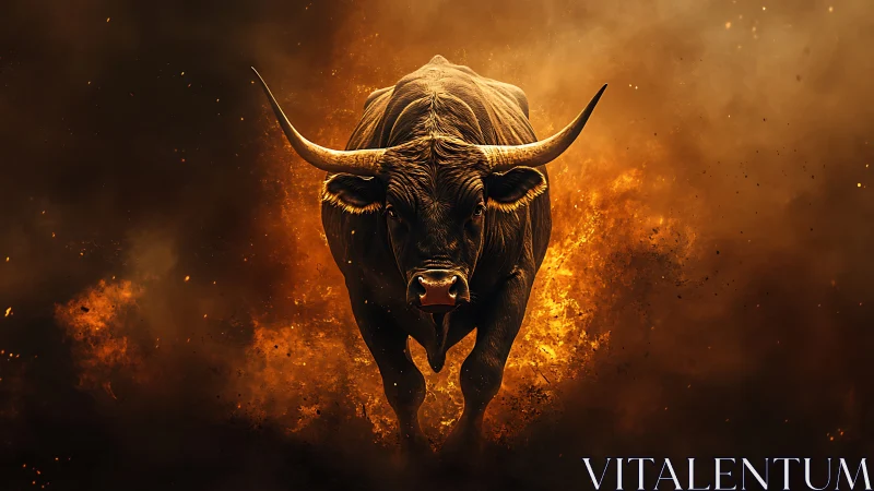 Charging bull amid inferno clouds in dramatic digital art.