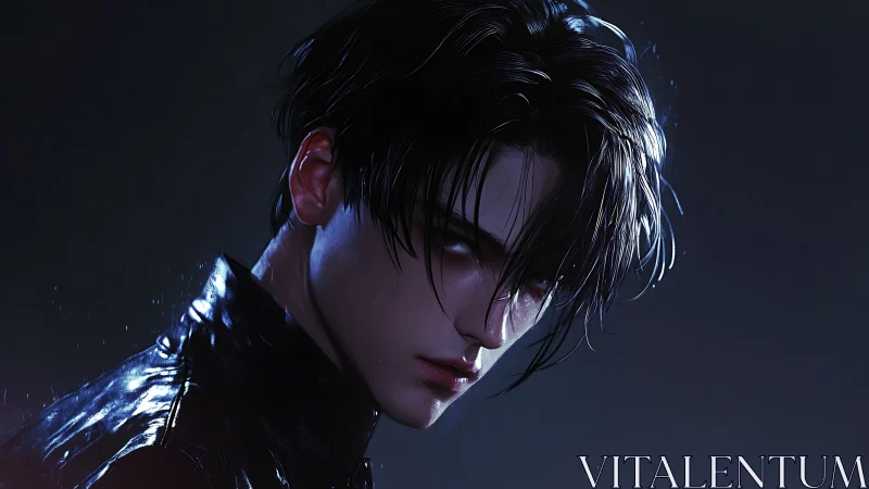 Brooding young man in rainlit cyber noir portrait.