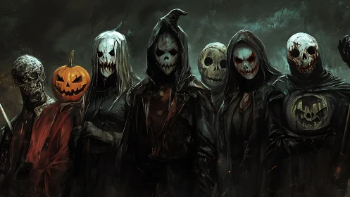 Hooded skeletal figures with pumpkin and skull masks in line.