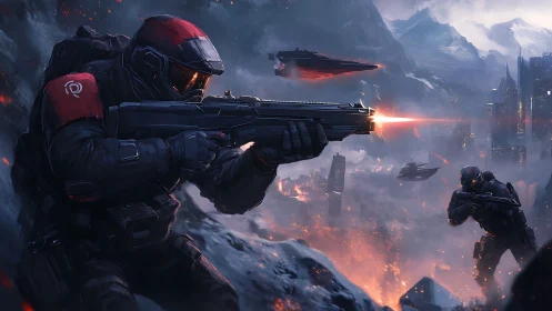 Armored infantry engages urban stronghold under aerial gunship support