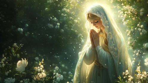 Luminous veiled woman in prayer framed by radiant blossoms