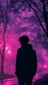 Silhouette of lone figure in neon purple foggy park at night.