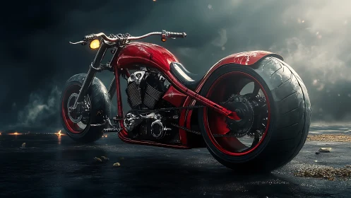 Custom red chopper motorcycle under cinematic storm light.