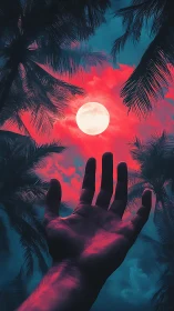Reaching fingers chase a neon moon through tropical night haze