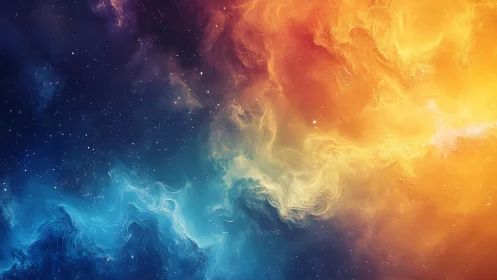 Bipartite nebula field with blue and orange gas clouds.