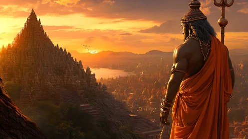 Sunlit warrior overlooks monumental stepped temple city.