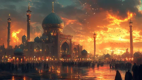 Domed mosque complex stands against dense sunset sky