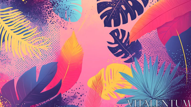 Tropical leaves float across a radiant neon gradient sky.
