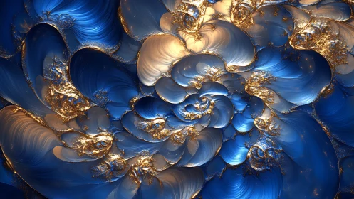 Fractal spiral pattern shows blue and gold layered petals
