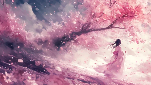 Soft winds and drifting petals in a dreamlike sakura path.
