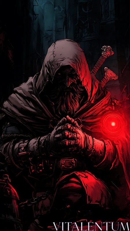 Dark hooded sorcerer holding red orb in ruined city.