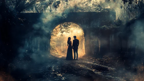 Two silhouettes walk toward golden light through an archway tunnel