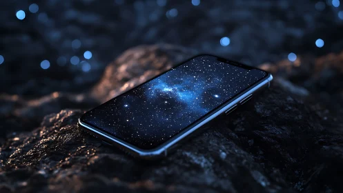 Photorealistic smartphone galaxy display on wet stone surface.