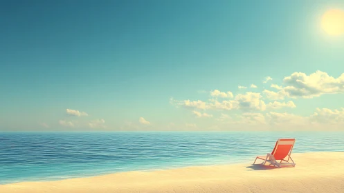 Minimalist tropical beach with lone deck chair at sunrise.