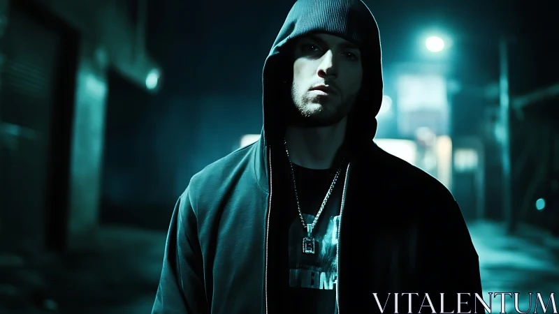 Moody urban portrait in teal low key lighting at night street