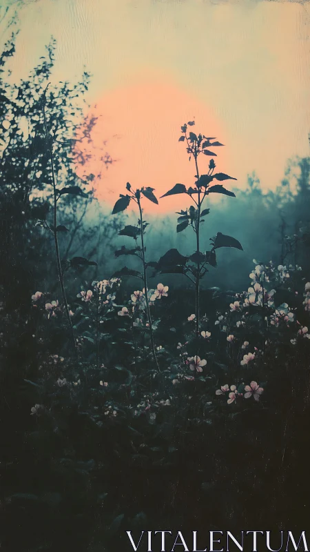 Silhouetted wildflowers against muted pastel sunrise.