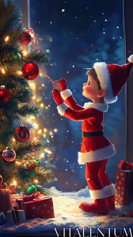 Child in red Santa suit decorates glowing Christmas tree.