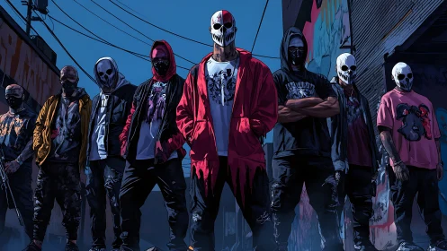 Masked street group in urban alley under overhead cables.