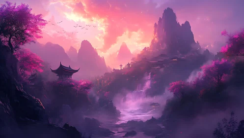 Digital painting of misty sakura valley and temple mountainscape.