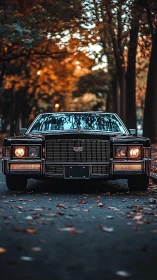 Front view shows classic sedan parked on tree-lined road
