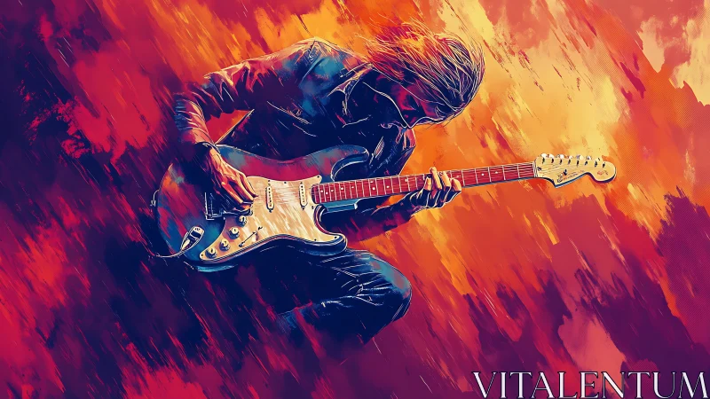 Guitarist plays electric guitar in intense abstract flames