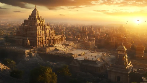 Sunlit stone metropolis renders monumental stepped temple in relief