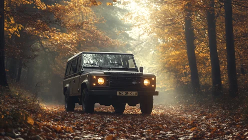 Sturdy off-road legend hums quietly through a misty autumn lane