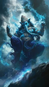 Mythic blue deity in levitating storm-cloud ascension pose.