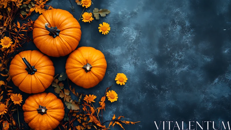 Four small pumpkins and flowers rest on dark textured background