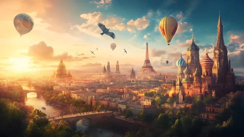 Dreamy city skyline welcomes soaring balloons and towers