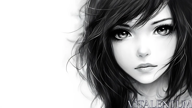 Monochrome muse with storm-soft eyes and windswept hair.