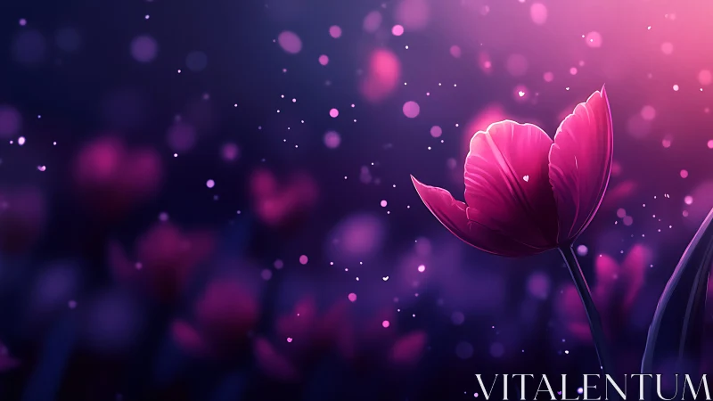 Illuminated Pink Tulip with Bokeh Particle Effects.