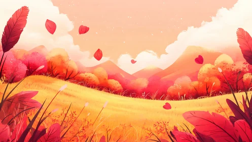 Digital painting of romantic autumn valley with warm palette.