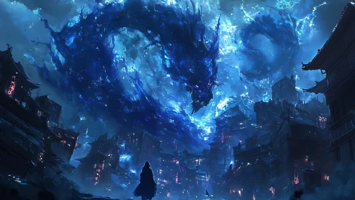 Celestial azure dragon coils above neon-lit oriental metropolis