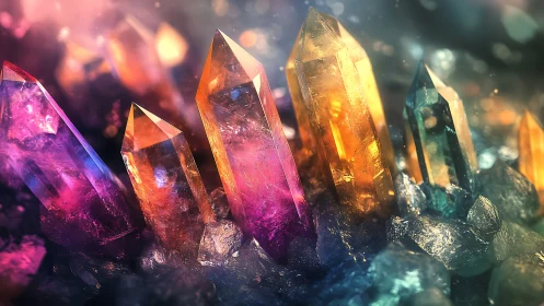 Digital render depicts multicolored prismatic crystal cluster