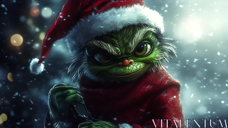Sinister green creature in Santa suit under cinematic snowfall
