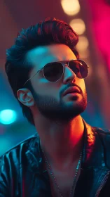 Stylish man in neon lighting wearing sunglasses and leather.