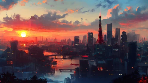 Sunlit cyberpunk city skyline glows through vivid sunset haze