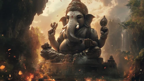 Majestic Ganesha statue in misty canyon temple landscape.