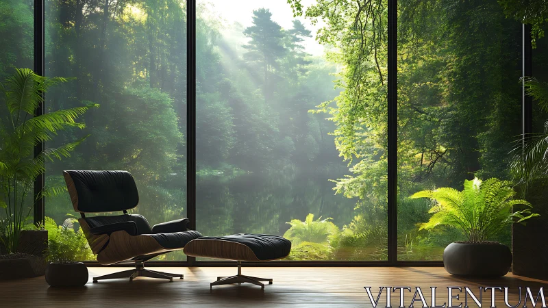 Modern lounge chair overlooking misty forest lake panorama.