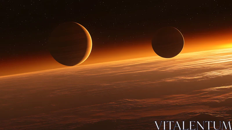 Twin gas giants rendered above luminous exoplanet horizon