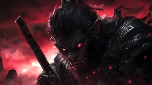 Demonic simian warrior advances through crimson mist in profile