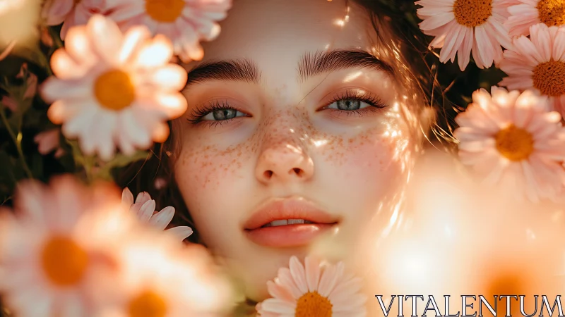 Freckled portrait framed by soft sunlit pastel daisies.