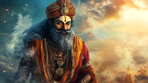 Bearded robed figure in ornate turban before clouded sky.