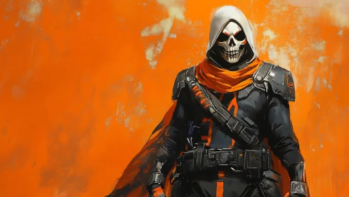 Hooded skeletal figure in tactical armor stands before orange