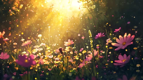 Sunlit wildflower clearing with dense pink and yellow blooms.