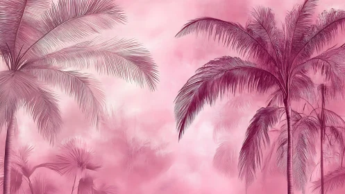 Monochrome pink palm grove with soft atmospheric haze.