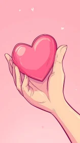 Hand Presenting Glossy Pink Heart Form Against Monochromatic Background.